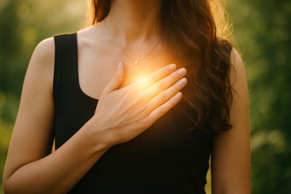 Hand auf dem Herzen im sanften Licht – Reiki-Energiearbeit zum Ankommen bei sich selbst